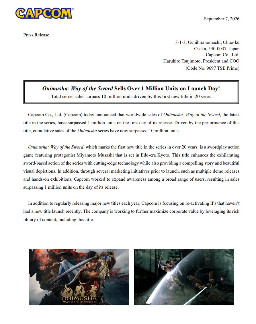 Photo 2026 09 07 10 55 07 Onimusha: Way of the Sword در روز اول انتشار یک میلیون نسخه فروخت