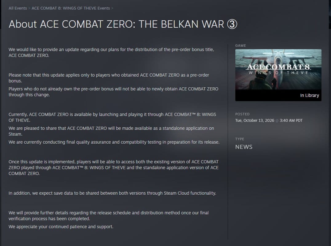 عرضه مستقل Ace Combat Zero در استیم بدون نیاز به Ace Combat 8