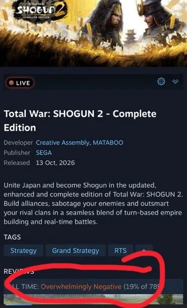 توقف موقت فروش Total War SHOGUN 2 Complete Edition توسط Sega پس از نارضایتی گسترده بازیکنان